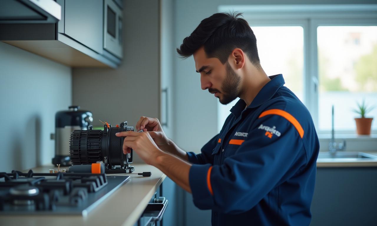 Técnico calificado reparando un electrodoméstico en una cocina moderna